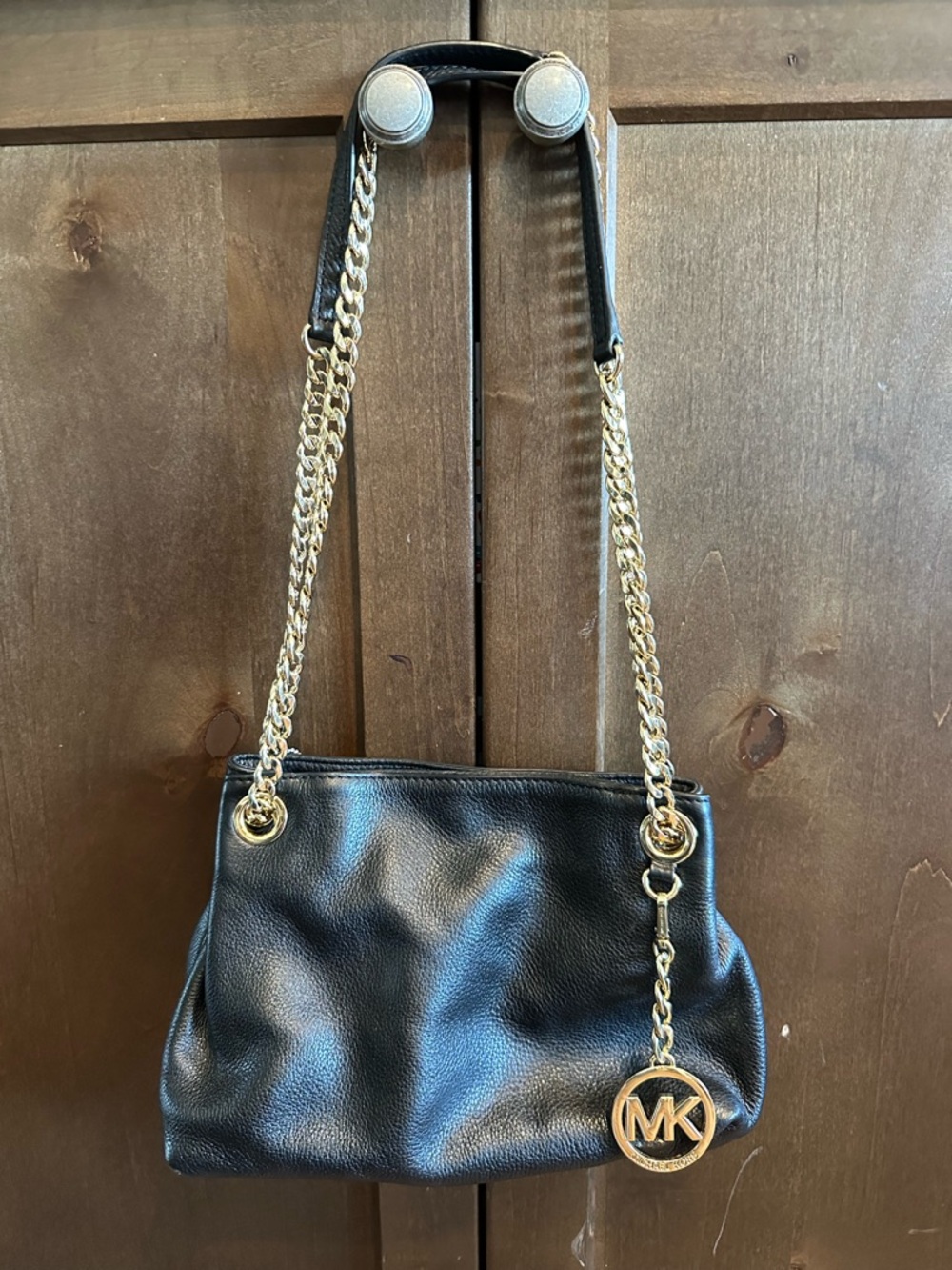 Michael Kors Black Leather Shoulder Bag with Gold Chain
